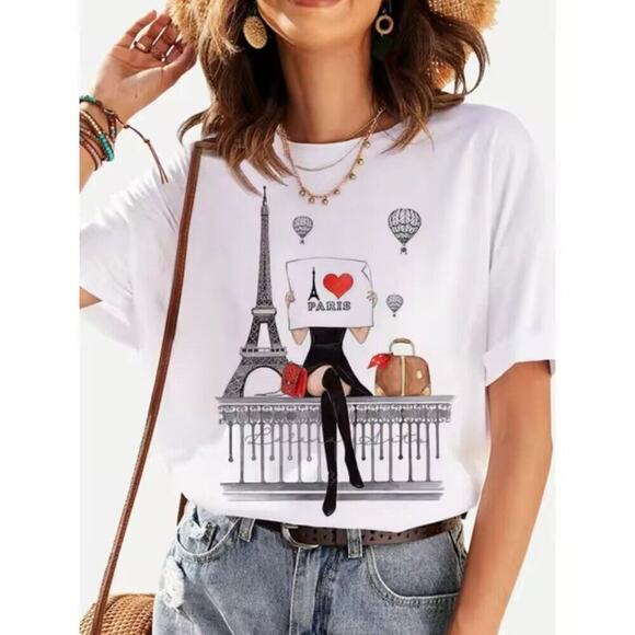 PARIS NWOT BLING TSHIRT WITH RUFFLE SLEEVE SIZE LARGE - Picture 1 of 6
